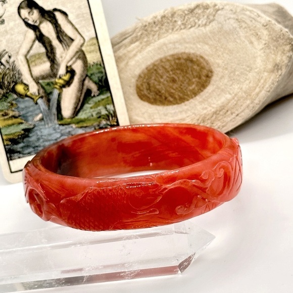 Rare Red Jadeite Jade Hand Carved 62mm Lotus Flower Ruyi Fish Bangle Bracelet - Picture 3 of 8